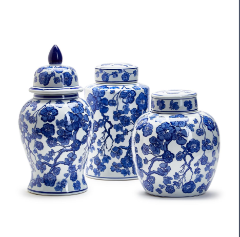 Blue/White Covered Temple Jar Set Of 6 By Tozai Home | Jars & Canisters | Modishstore - 1