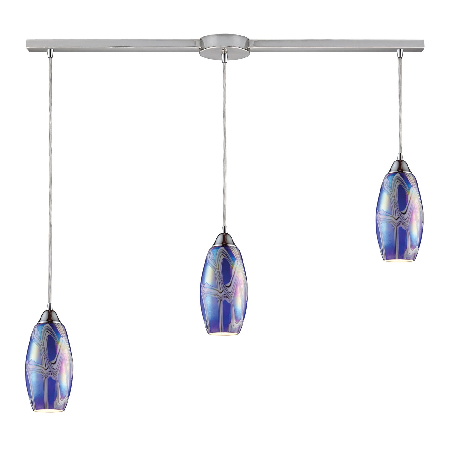 Iridescence 3-Light Linear Pendant Fixture in Satin Nickel with Storm Blue Glass ELK Lighting | Pendant Lamps | Modishstore