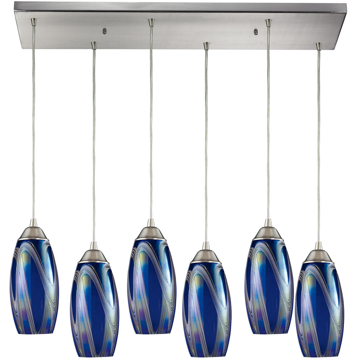 Iridescence 6-Light Rectangular Pendant Fixture in Satin Nickel with Storm Blue Glass ELK Lighting | Pendant Lamps | Modishstore