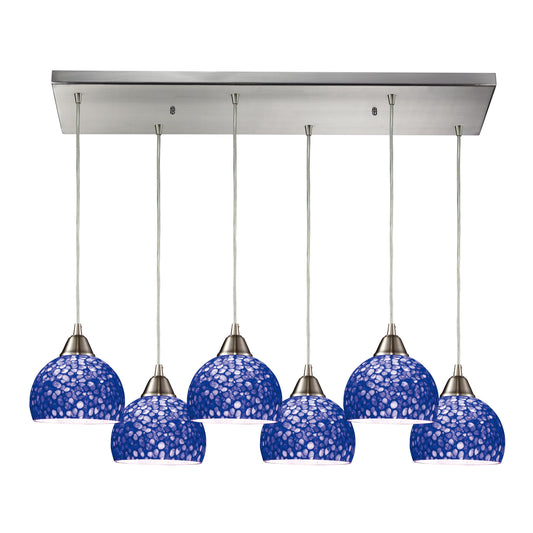 Cira 6-Light Rectangular Pendant Fixture in Satin Nickel with Pebbled Blue Glass ELK Lighting | Pendant Lamps | Modishstore