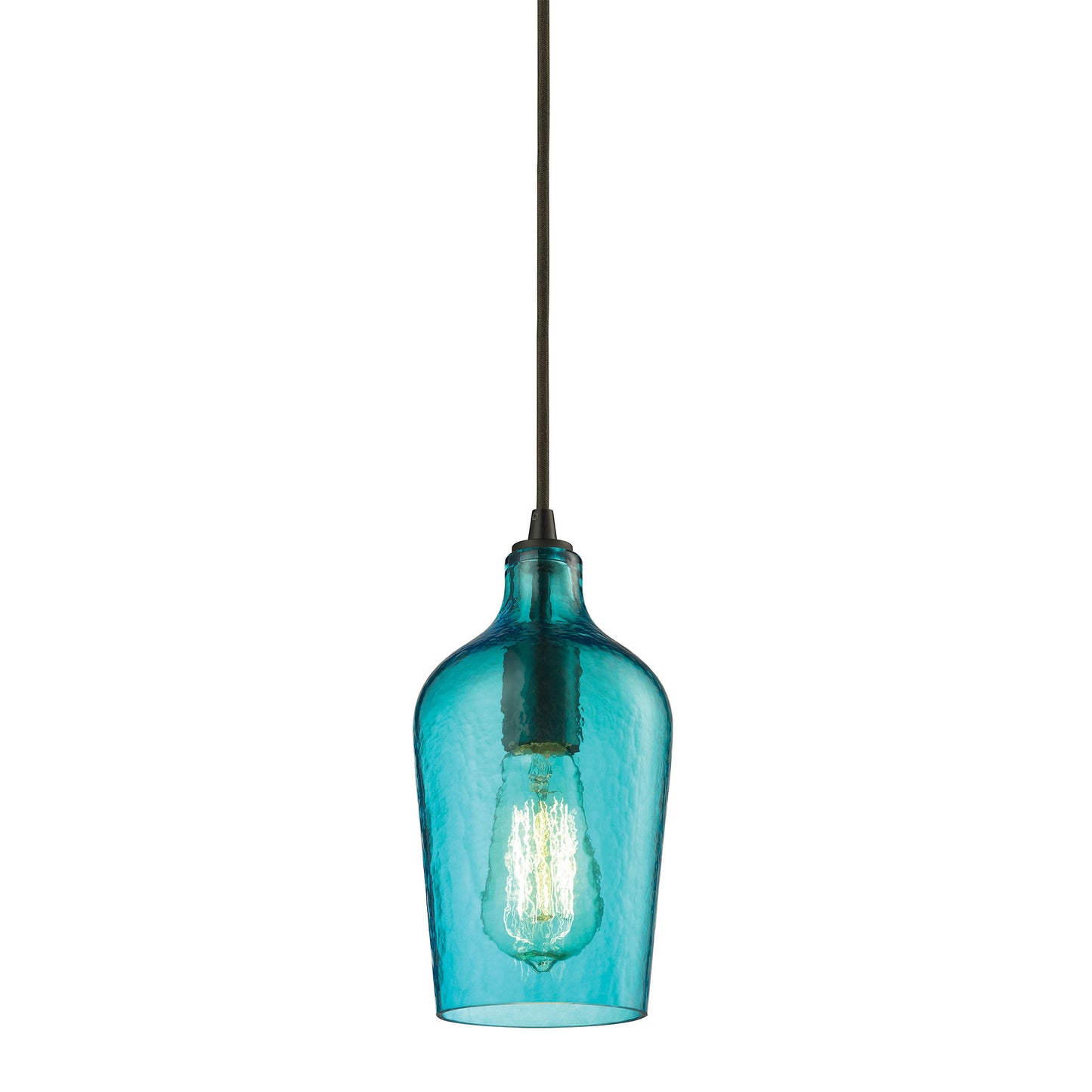 Hammered Glass 1-Light Mini Pendant in Oiled Bronze with Hammered Aqua Glass ELK Lighting | Pendant Lamps | Modishstore