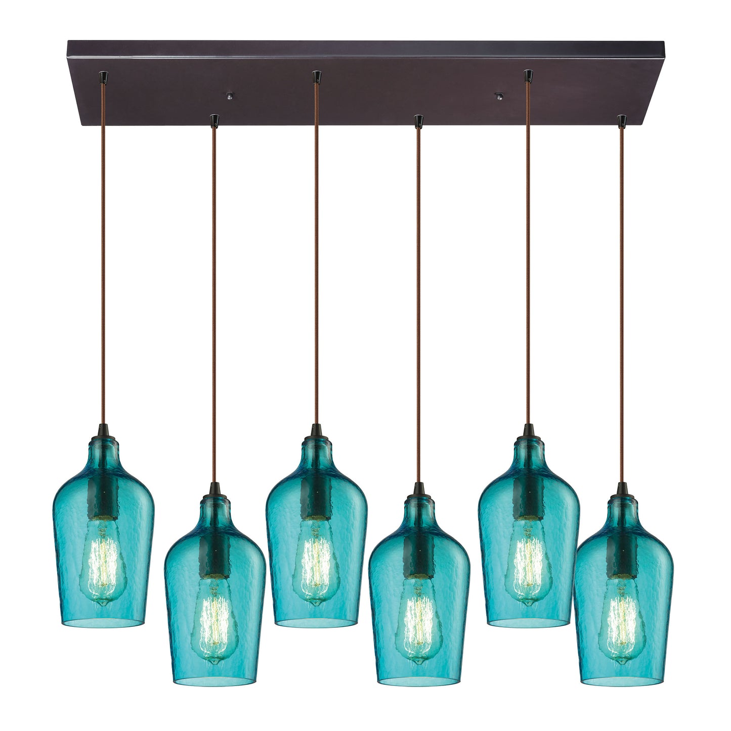 Hammered Glass 6-Light Rectangular Pendant Fixture in Oiled Bronze with Hammered Aqua Glass ELK Lighting | Pendant Lamps | Modishstore