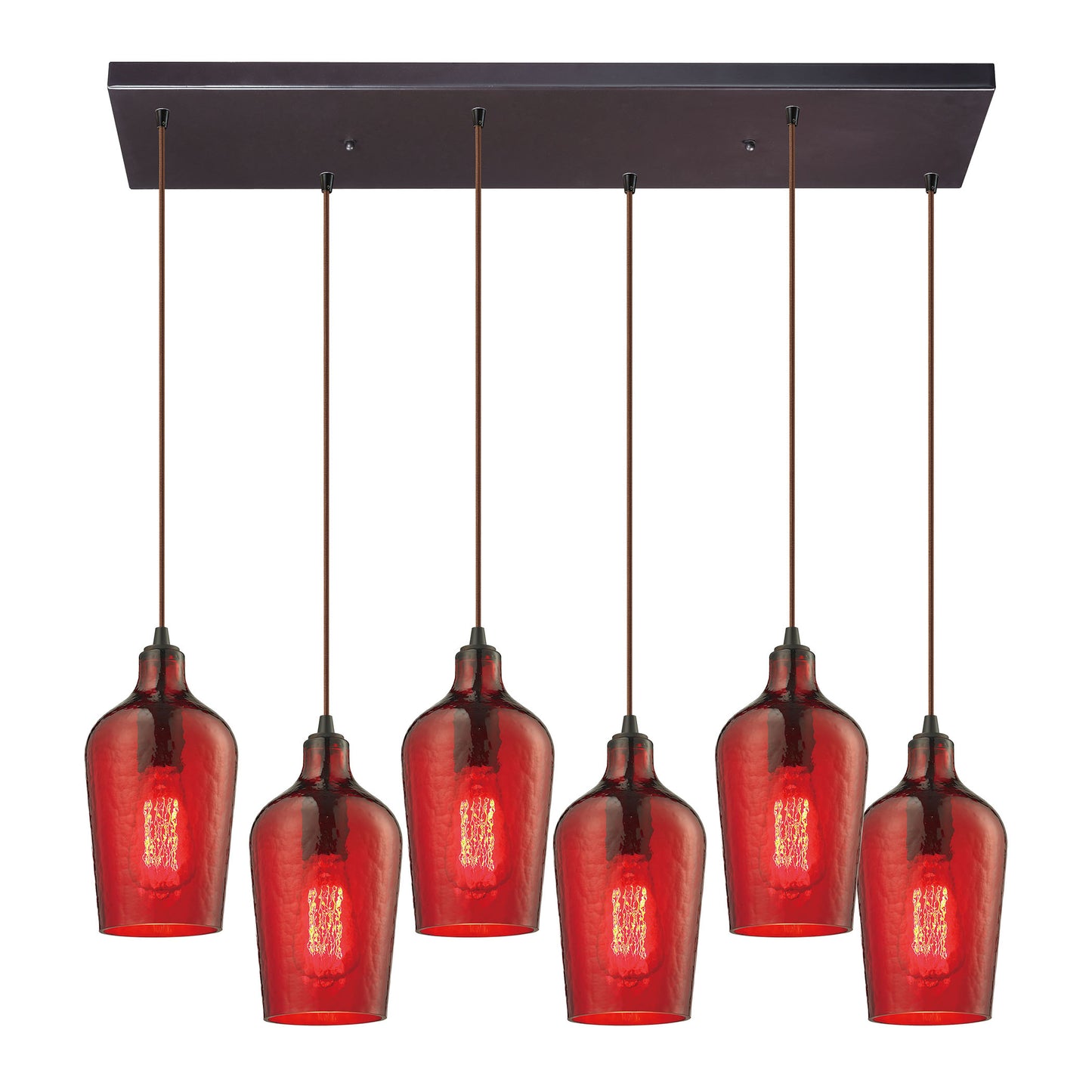 Hammered Glass 6-Light Rectangular Pendant Fixture in Oiled Bronze with Hammered Red Glass ELK Lighting | Pendant Lamps | Modishstore