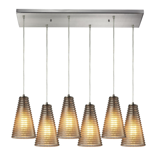 Ribbed Glass 6-Light Rectangular Pendant Fixture in Satin Nickel with Amber Ribbed Glass ELK Lighting | Pendant Lamps | Modishstore