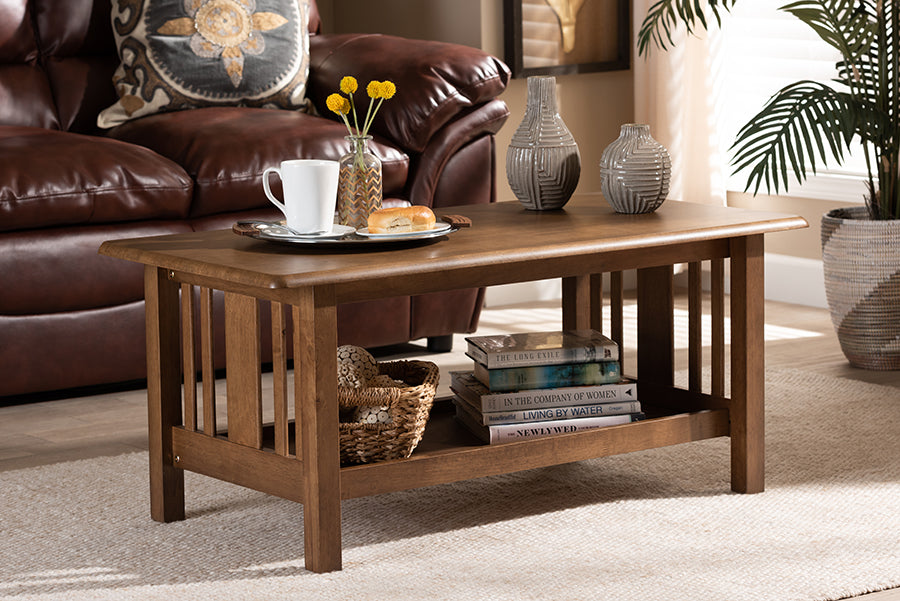 Baxton Studio Rylie Traditional Transitional Mission Style Walnut Brown Finished Rectangular Wood Coffee Table | Modishstore | Coffee Tables