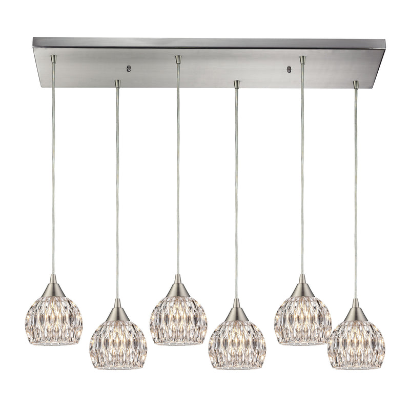 Kersey 6-Light Rectangular Pendant Fixture in Satin Nickel with Clear Crystal ELK Lighting 10342/6RC | Pendant Lamps | Modishstore