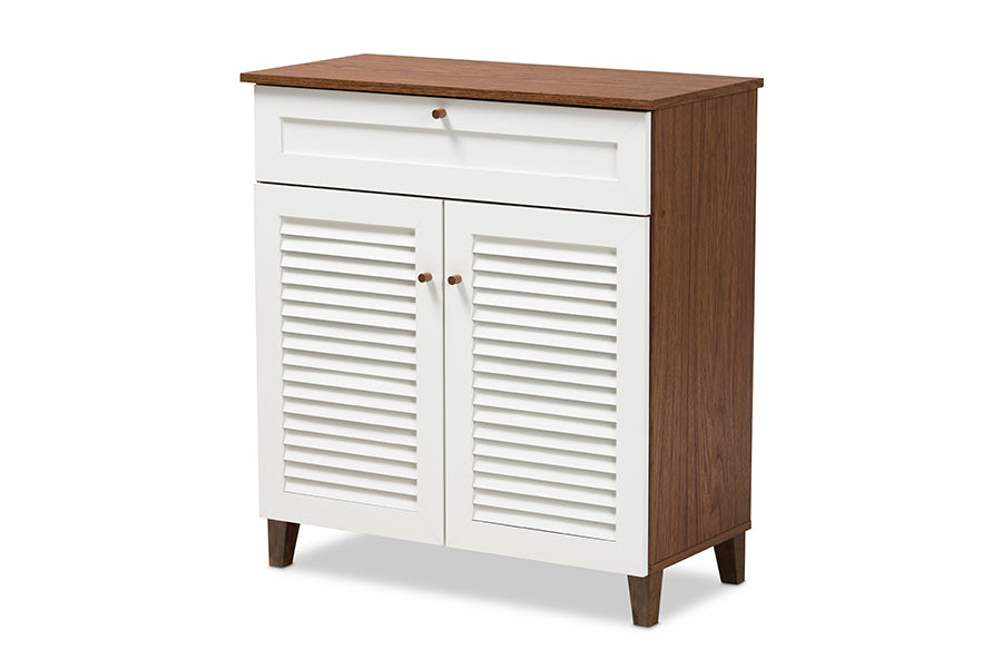 baxton studio coolidge modern and contemporary white and walnut finished 4 shelf wood shoe storage cabinet with drawer | Modish Furniture Store-2