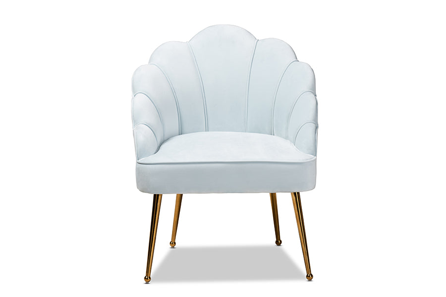 baxton studio cinzia glam and luxe light blue velvet fabric upholstered gold finished seashell shaped accent chair | Modish Furniture Store-3