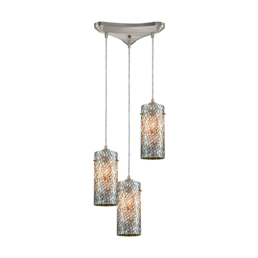 Capri 3-Light Triangular Pendant Fixture in Satin Nickel with Gray Capiz Shells on Glass | Pendant Lamps | Modishstore