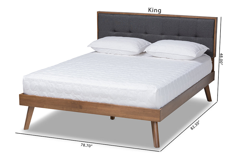 Baxton Studio Alke Mid-Century Modern Dark Grey Fabric Upholstered Walnut Brown Finished Wood King Size Platform Bed | Beds | Modishstore - 6