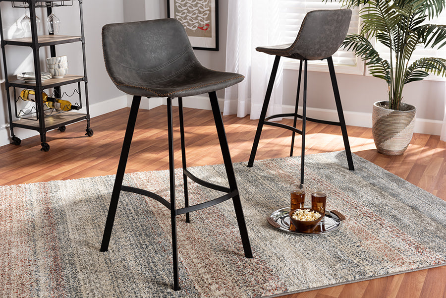 Baxton Studio Tani Rustic Industrial Grey and Brown Faux Leather Upholstered Black Finished 2-Piece Metal Bar Stool Set | Modishstore | Bar Stools