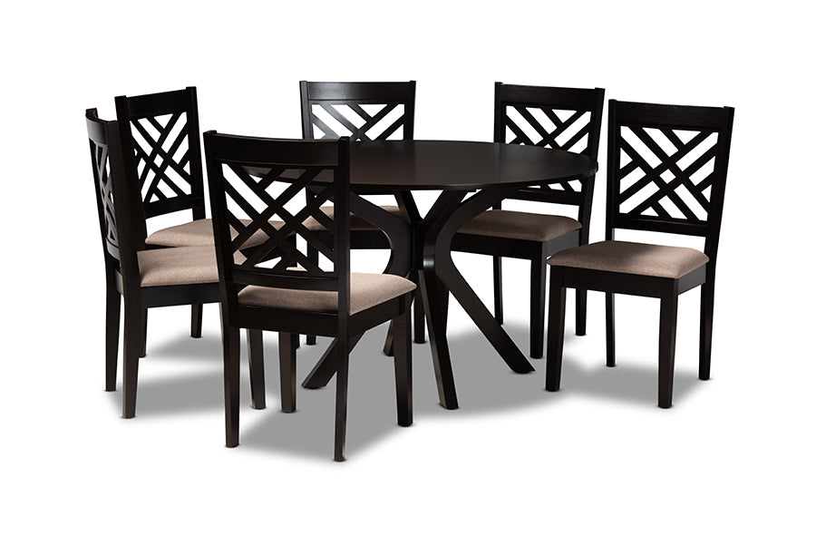 baxton studio norah modern and contemporary sand fabric upholstered and dark brown finished wood 7 piece dining set | Modish Furniture Store-2