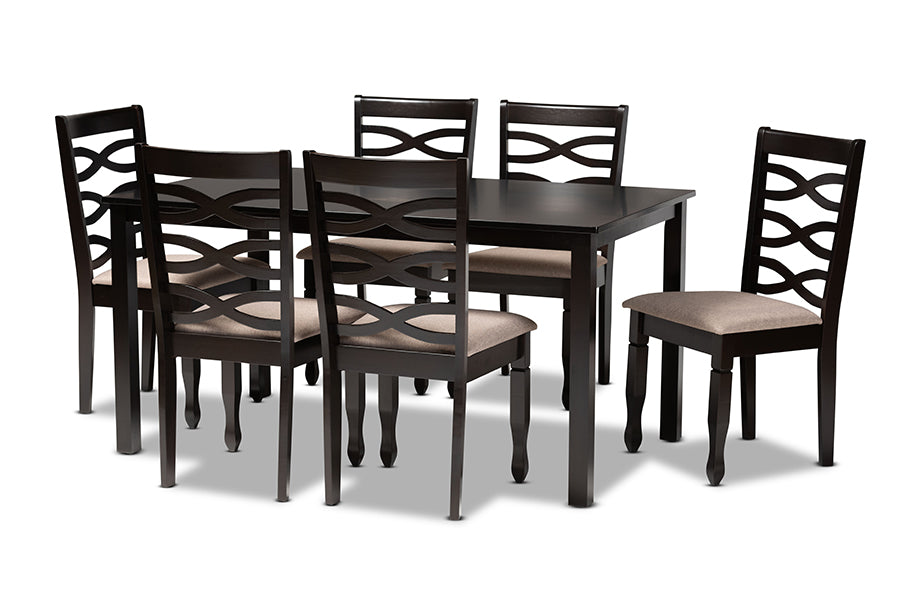 baxton studio lanier modern and contemporary sand fabric upholstered dark brown finished wood 7 piece dining set | Modish Furniture Store-2