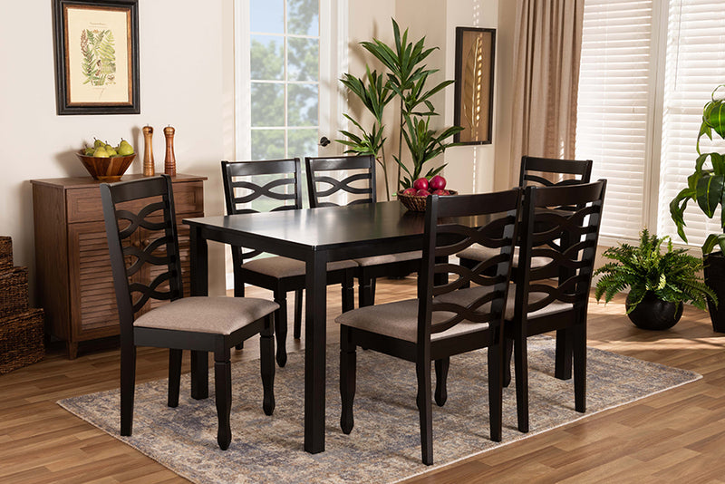 Baxton Studio Lanier Modern and Contemporary Sand Fabric Upholstered Dark Brown Finished Wood 7-Piece Dining Set | Modishstore | Dining Sets