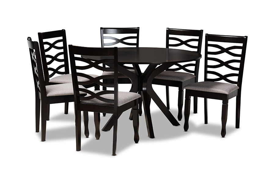 baxton studio mila modern and contemporary grey fabric upholstered and dark brown finished wood 7 piece dining set | Modish Furniture Store-2