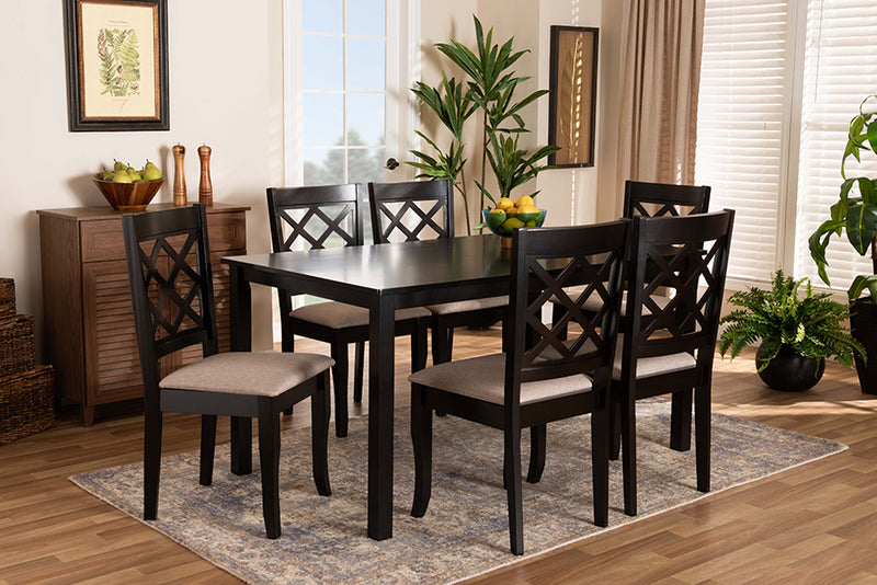 Baxton Studio Verner Modern and Contemporary Sand Fabric Upholstered Dark Brown Finished 7-Piece Wood Dining Set | Modishstore | Dining Sets