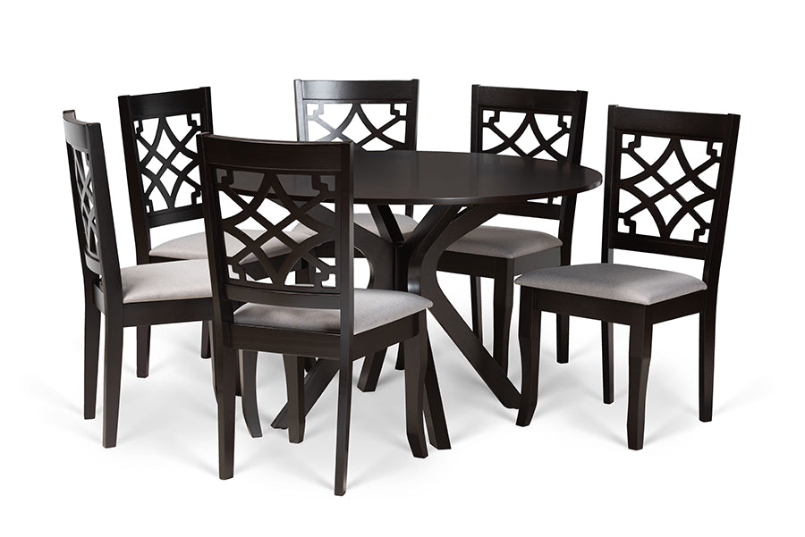 baxton studio elena modern and contemporary grey fabric upholstered and dark brown finished wood 7 piece dining set | Modish Furniture Store-2