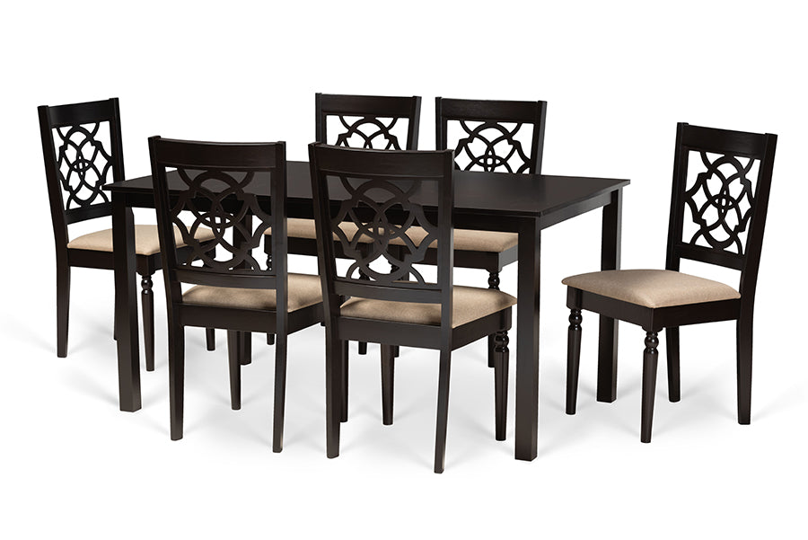 baxton studio renaud modern and contemporary sand fabric upholstered and dark brown finished wood 7 piece dining set | Modish Furniture Store-2