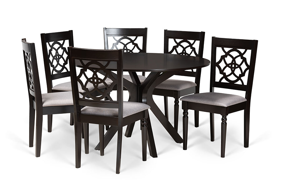 baxton studio sadie modern and contemporary grey fabric upholstered and dark brown finished wood 7 piece dining set | Modish Furniture Store-2