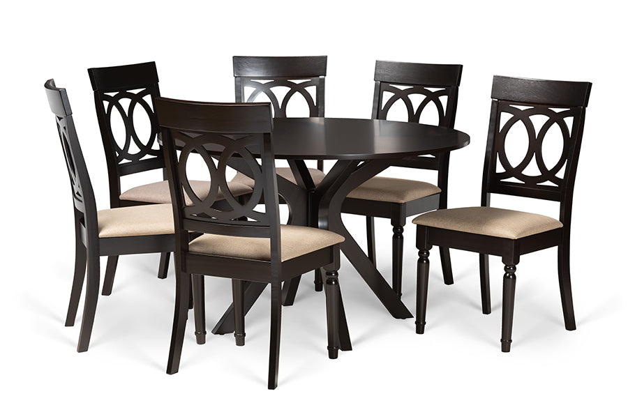 baxton studio jessie modern and contemporary sand fabric upholstered and dark brown finished wood 7 piece dining set | Modish Furniture Store-2