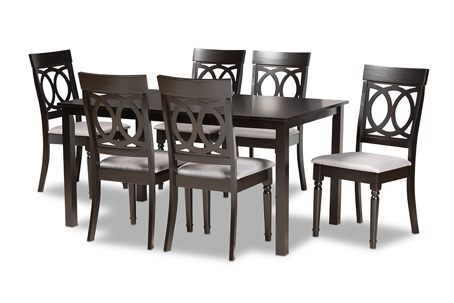 baxton studio lucie modern and contemporary grey fabric upholstered and dark brown finished wood 7 piece dining set | Modish Furniture Store-2