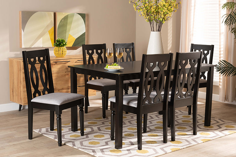 Baxton Studio Cherese Modern and Contemporary Grey Fabric Upholstered and Dark Brown Finished Wood 7-Piece Dining Set | Dining Sets | Modishstore