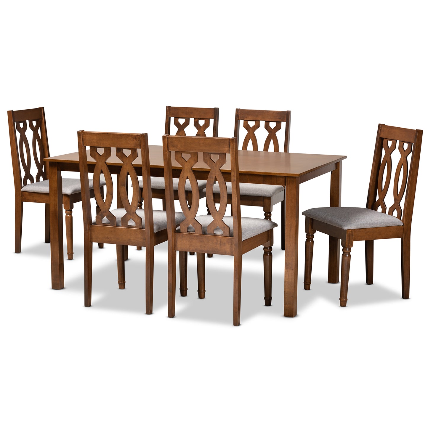 Baxton Studio Cherese Modern and Contemporary Grey Fabric Upholstered and Walnut Brown Finished Wood 7-Piece Dining Set | Dining Sets | Modishstore - 2