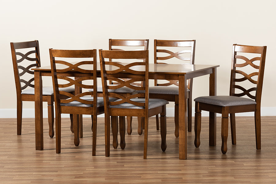 Baxton Studio Lanier Modern and Contemporary Grey Fabric Upholstered and Walnut Brown Finished Wood 7-Piece Dining Set | Dining Sets | Modishstore - 3