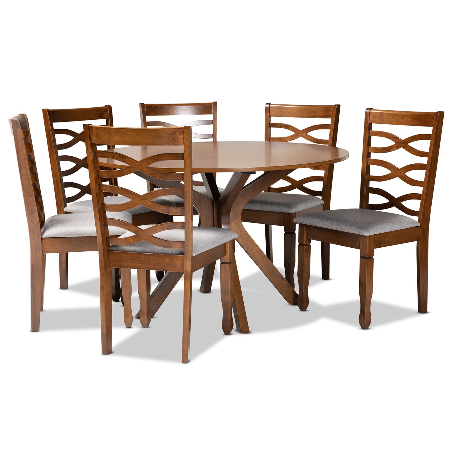 Baxton Studio Mila Modern and Contemporary Grey Fabric Upholstered and Walnut Brown Finished Wood 7-Piece Dining Set | Dining Sets | Modishstore - 2