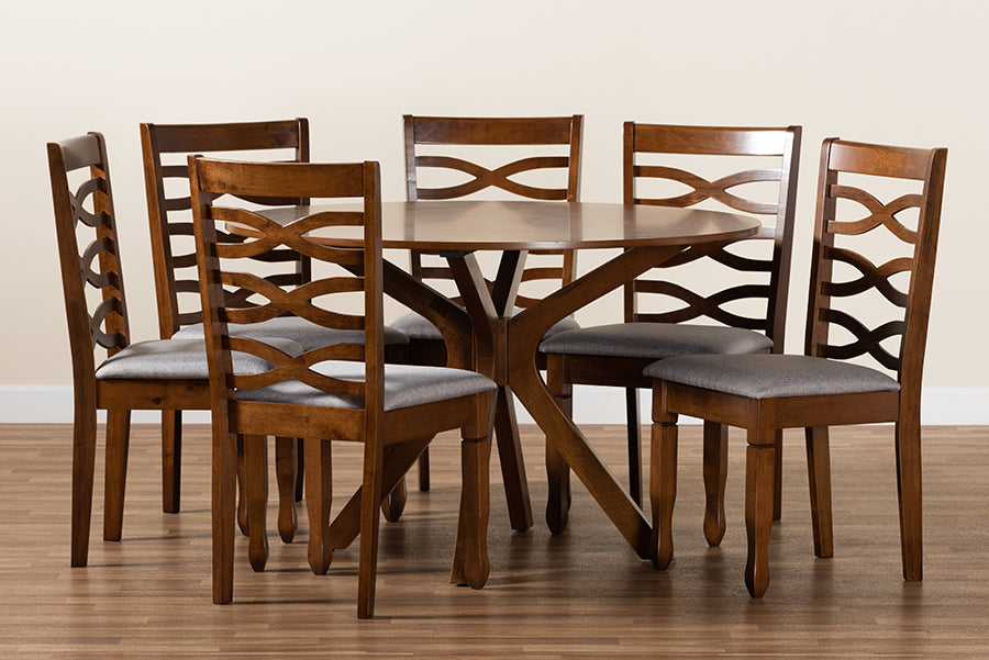 Baxton Studio Mila Modern and Contemporary Grey Fabric Upholstered and Walnut Brown Finished Wood 7-Piece Dining Set | Dining Sets | Modishstore - 3