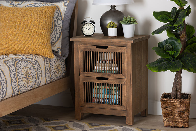 Baxton Studio Clement Rustic Transitional Medium Oak Finished 2-Drawer Wood Spindle Nightstand | Modishstore | Nightstands