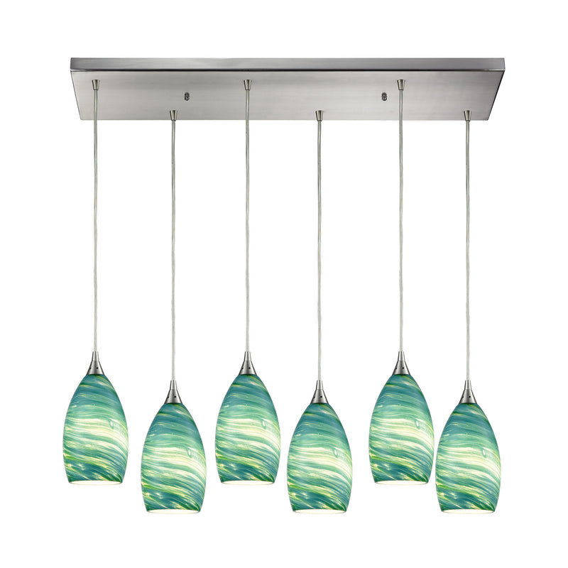 Collanino 6-Light Rectangular Pendant Fixture in Satin Nickel with Aqua Swirl Blown Glass ELK Lighting | Pendant Lamps | Modishstore