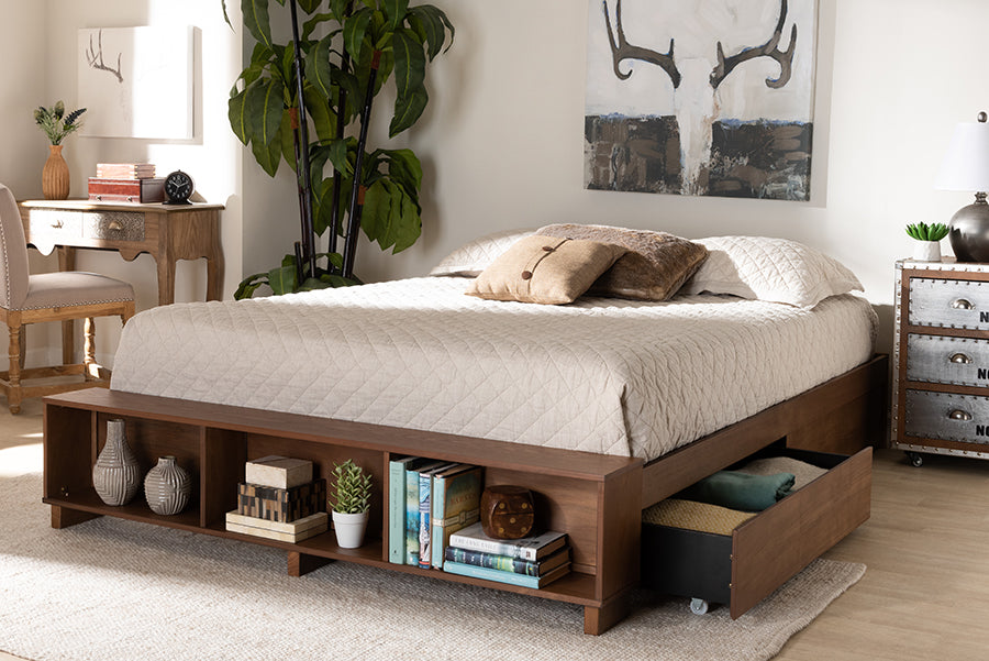 Baxton Studio Arthur Modern Rustic Ash Walnut Brown Finished Wood Queen Size Platform Bed with Built-In Shelves | Beds | Modishstore - 2