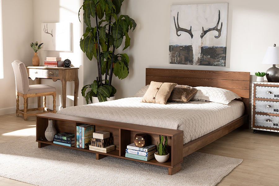 Baxton Studio Regina Modern Rustic Ash Walnut Brown Finished Wood King Size Platform Storage Bed with Built-In Shelves | Modishstore | Beds