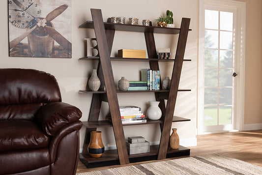 Baxton Studio Michio Modern and Contemporary Walnut Brown Finished 5-Tier Wood Geometric Living Room Display Shelf | Modishstore | Shelves & Shelving Units