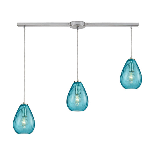 Lagoon 3-Light Linear Mini Pendant Fixture in Satin Nickel with Aqua Water Glass ELK Lighting 10770/3L | Pendant Lamps | Modishstore