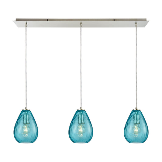 Lagoon 3-Light Linear Mini Pendant Fixture in Satin Nickel with Aqua Water Glass ELK Lighting 10770/3LP | Pendant Lamps | Modishstore