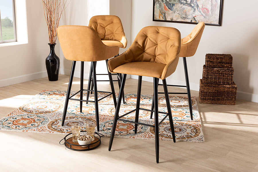 Baxton Studio Catherine Modern and Contemporary Tan Faux Leather Upholstered and Black Metal 4-Piece Bar Stool Set | Bar Stools | Modishstore - 2