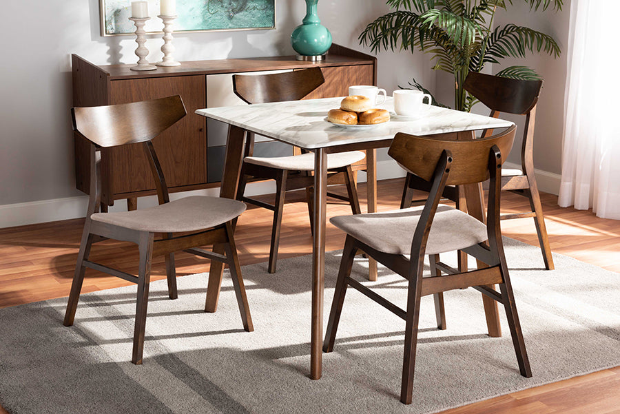 Baxton Studio Pearson Mid-Century Modern Transitional Light Beige Fabric Upholstered and Walnut Brown Finished Wood 5-Piece Dining Set with Faux Marble Table | Modishstore | Dining Sets