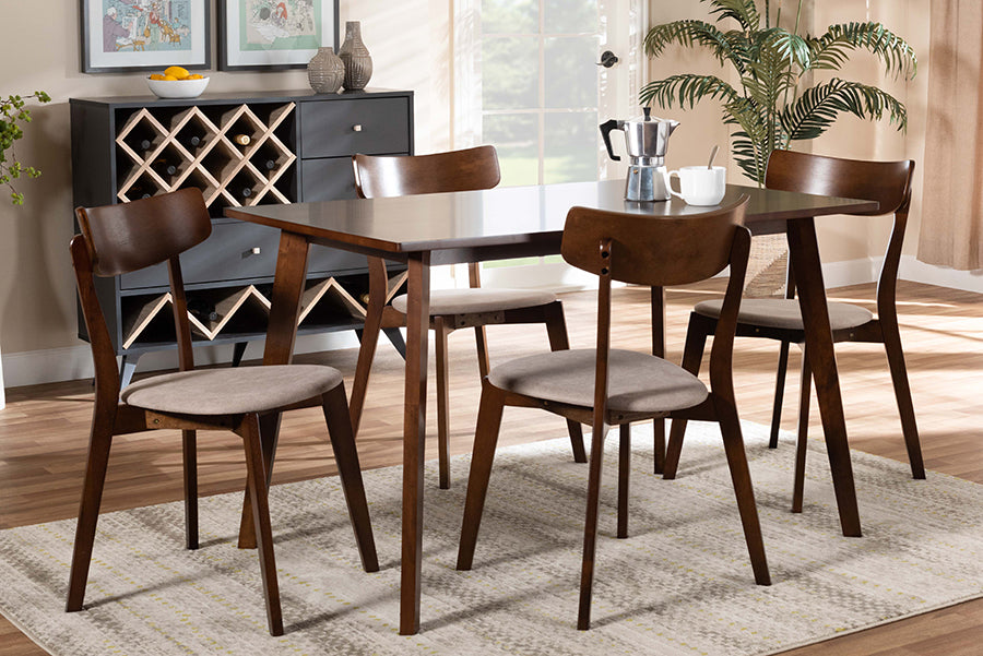 Baxton Studio Nori Mid-Century Modern Transitional Light Beige Fabric Upholstered and Walnut Brown Finished Wood 5-Piece Dining Set | Modishstore | Dining Sets