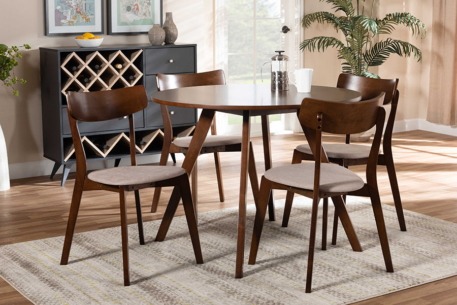 Baxton Studio Rika Mid-Century Modern Transitional Light Beige Fabric Upholstered and Walnut Brown Finished Wood 5-Piece Dining Set | Modishstore | Dining Sets