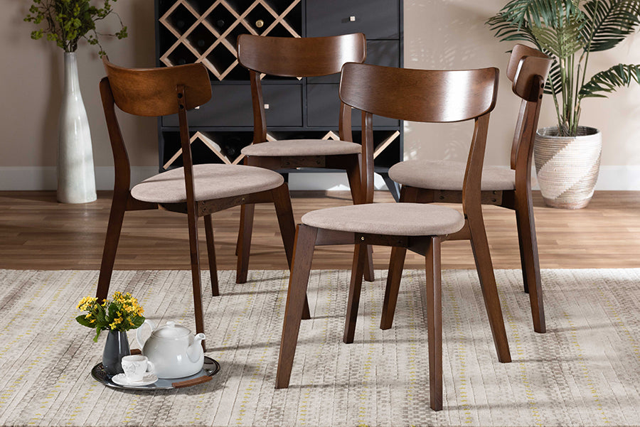 Baxton Studio Iora Mid-Century Modern Transitional Light Beige Fabric Upholstered and Walnut Brown Finished Wood 4-Piece Dining Chair Set | Modishstore | Dining Chairs