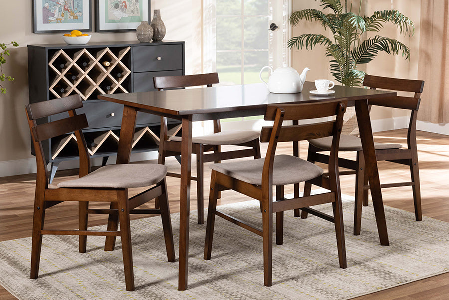 Baxton Studio Eleri Mid-Century Modern Transitional Light Beige Fabric Upholstered and Walnut Brown Finished Wood 5-Piece Dining Set | Modishstore | Dining Sets