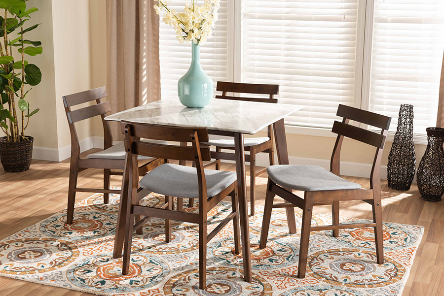 Baxton Studio Richmond Mid-Century Modern Light Grey Fabric Upholstered and Walnut Brown Finished Wood 5-Piece Dining Set with Faux Marble Dining Table | Modishstore | Dining Sets