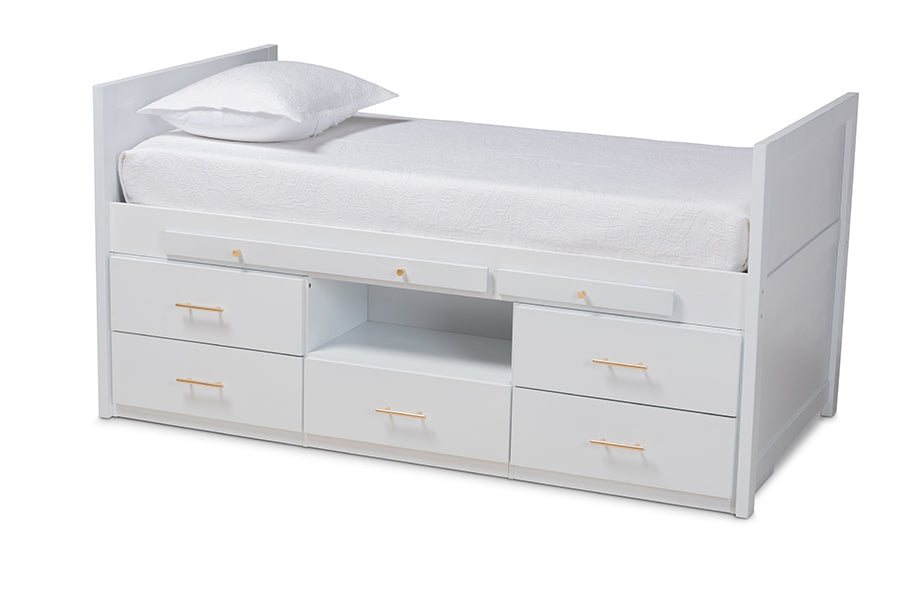 baxton studio mirza modern and contemporary white finished wood 5 drawer twin size storage bed with pull out desk | Modish Furniture Store-2