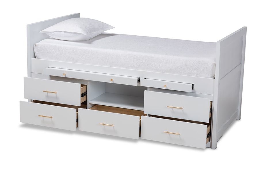 baxton studio mirza modern and contemporary white finished wood 5 drawer twin size storage bed with pull out desk | Modish Furniture Store-3