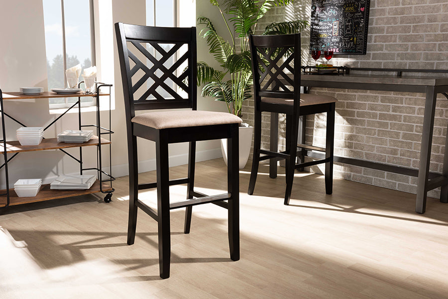 Baxton Studio Jason Modern and Contemporary Sand Fabric Upholstered and Espresso Brown Finished Wood 2-Piece Bar Stool Set | Modishstore | Bar Stools