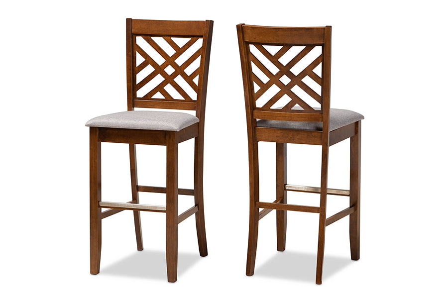 baxton studio jason modern and contemporary grey fabric upholstered and walnut brown finished wood 2 piece bar stool set | Modish Furniture Store-2