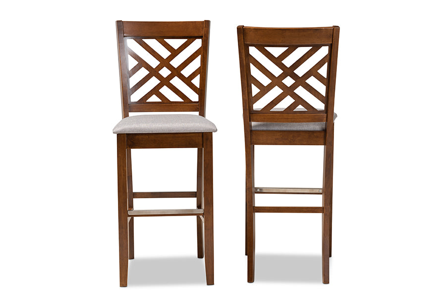 baxton studio jason modern and contemporary grey fabric upholstered and walnut brown finished wood 2 piece bar stool set | Modish Furniture Store-3