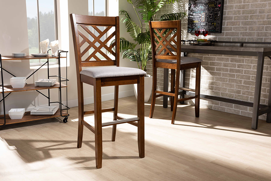 Baxton Studio Jason Modern and Contemporary Grey Fabric Upholstered and Walnut Brown Finished Wood 2-Piece Bar Stool Set | Modishstore | Bar Stools